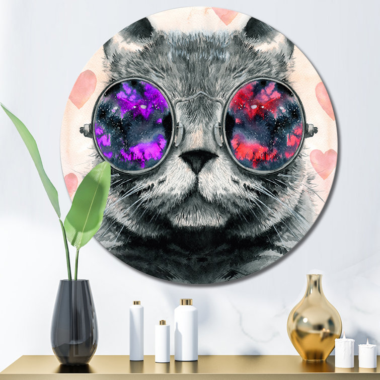 Bless international Grey Fluffy Cat In Round Hippie Glasses I Gray